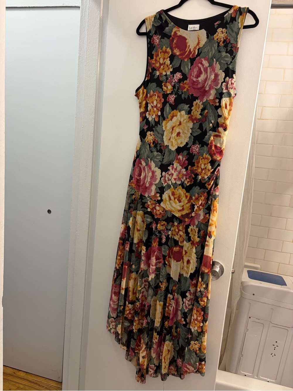 Nicole Miller Black Floral Maxi Dress with Pink & Yellow Blooms